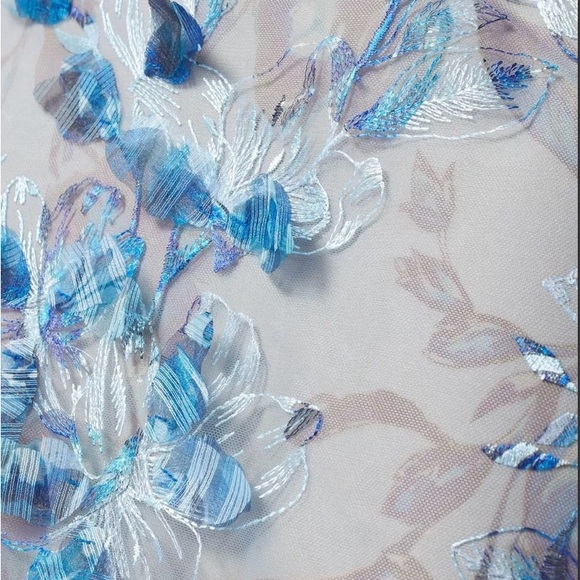 Marchesa Elegant Blue 3D Floral Off-Shoulder Dress - Picture 4 of 4